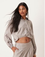 cropped bubble hem shirt and super wide leg trouser set in grey
