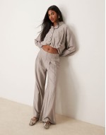 cropped bubble hem shirt and super wide leg trouser set in grey