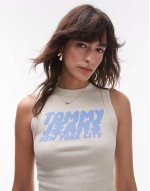 bubble logo tank top in off white and baby blue