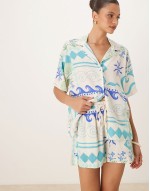 Premium Jet linen co-ord in white and blue