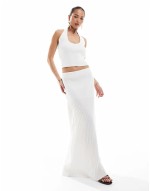 knitted low back halterneck top and maxi skirt co-ord in white