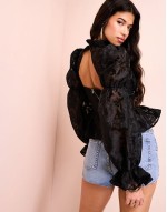 pussy bow puff sve lace top in black