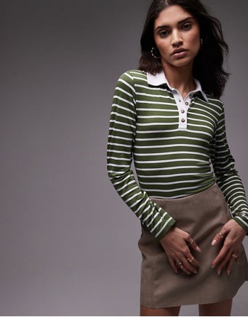 jersey shrunken long sve rugby top in olive stripe