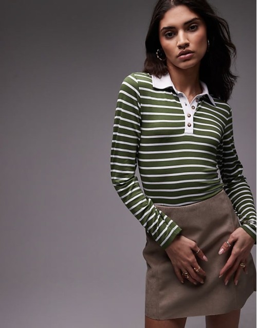 jersey shrunken long sve rugby top in olive stripe