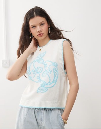 knitted tank with fish print in white and aqua blue