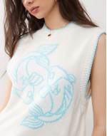 knitted tank with fish print in white and aqua blue