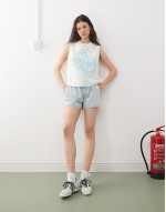 knitted tank with fish print in white and aqua blue
