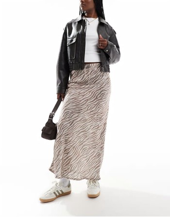 satin midi skirt in neutral zebra print