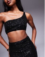 sequin one shoulder faux-ord midi dress in black