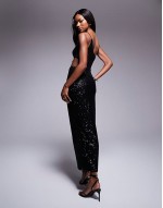 sequin one shoulder faux-ord midi dress in black