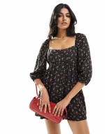 exclusive strawberry print mini smock dress in black