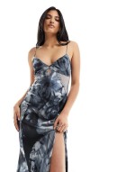satin lace insert keyhole maxi dress in grey abstract print