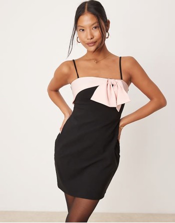 Petite strappy cami mini dress with bow detail in pink