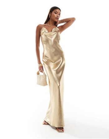 liquid satin cowl neck low back maxi dress in gold