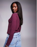 waffle long sve top with blanket stitch detail in burgundy