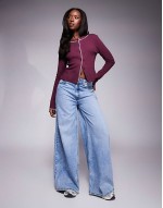 waffle long sve top with blanket stitch detail in burgundy