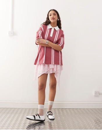 oversized stripe rubgy top in raspberry