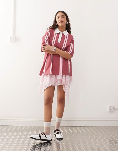 oversized stripe rubgy top in raspberry