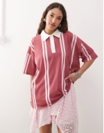 oversized stripe rubgy top in raspberry