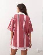 oversized stripe rubgy top in raspberry