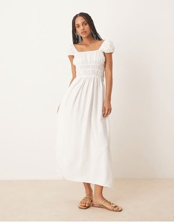 square neck short sve midi dress with cinched channel waist in white