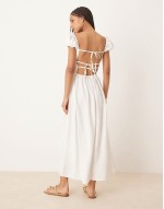 square neck short sve midi dress with cinched channel waist in white