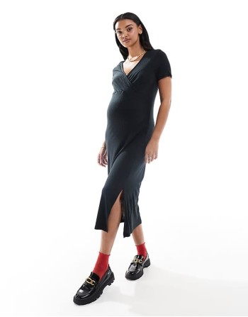 Mamalicious Maternity short sved ribbed jersey maxi dress in black