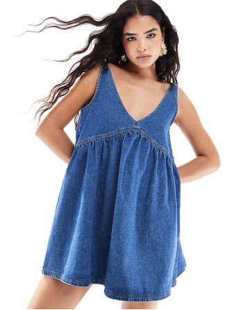 denim trapeze mini dress in light blue