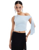 slinky off shoulder tie detail top in baby blue