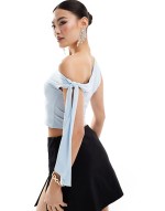 slinky off shoulder tie detail top in baby blue