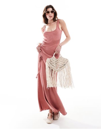 cami strap with ruched tie and side split midi dress in rust acid wash