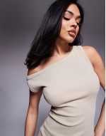 ribbed mini dress with fallen shoulder in stone