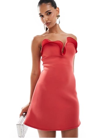 structured bandeau mini dress with manipulated neckline in red