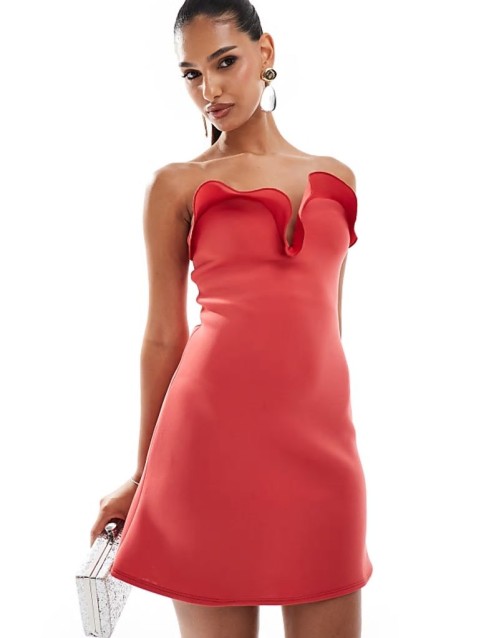 structured bandeau mini dress with manipulated neckline in red