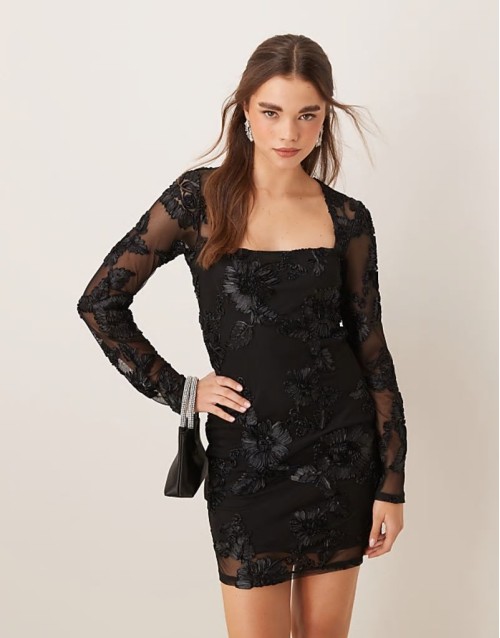 sheer square neck mini dress with placement embroidery applique in black