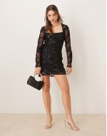 sheer square neck mini dress with placement embroidery applique in black