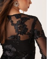 sheer square neck mini dress with placement embroidery applique in black