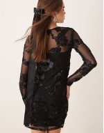 sheer square neck mini dress with placement embroidery applique in black