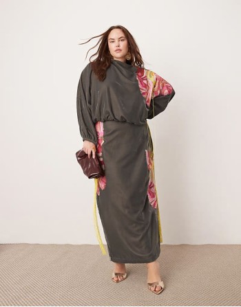Curve velvet embroidered maxi dress with fringe detail in charcoal