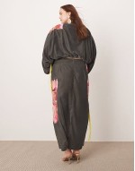 Curve velvet embroidered maxi dress with fringe detail in charcoal