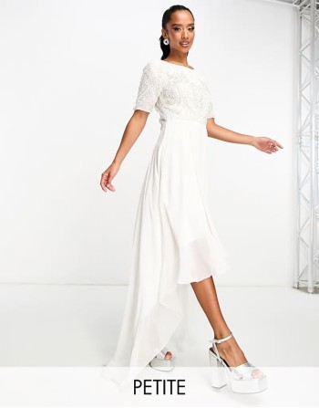 Petite Bridal embellished 2 in 1 dress with high low hem in ivory