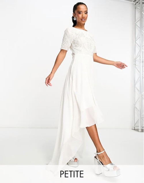 Petite Bridal embellished 2 in 1 dress with high low hem in ivory