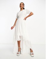 Petite Bridal embellished 2 in 1 dress with high low hem in ivory