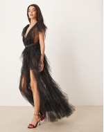 Maxine tiered tulle gown with lace mini in black
