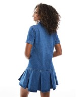 denim shirt dress with dropped waist pleated panel
