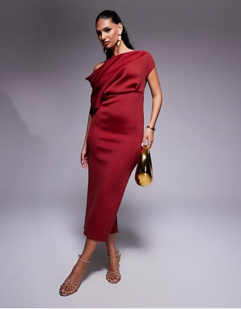 dramatic neckline scuba midi dress in burgundy