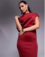 dramatic neckline scuba midi dress in burgundy