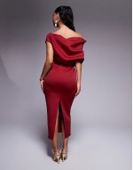 dramatic neckline scuba midi dress in burgundy