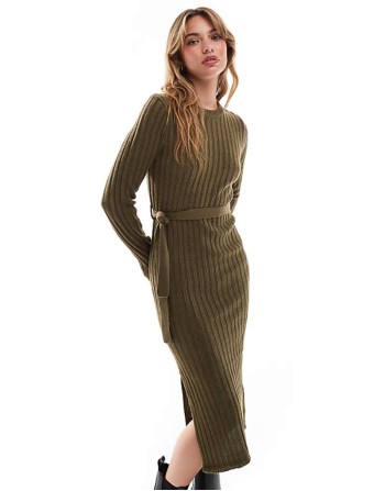 knitted midi dress with slit in khaki