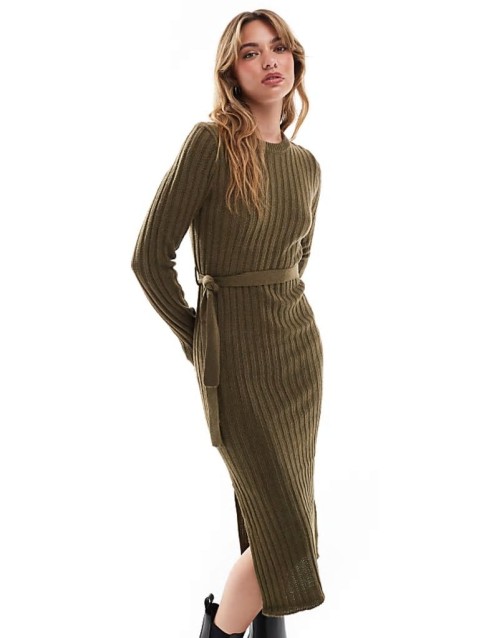 knitted midi dress with slit in khaki